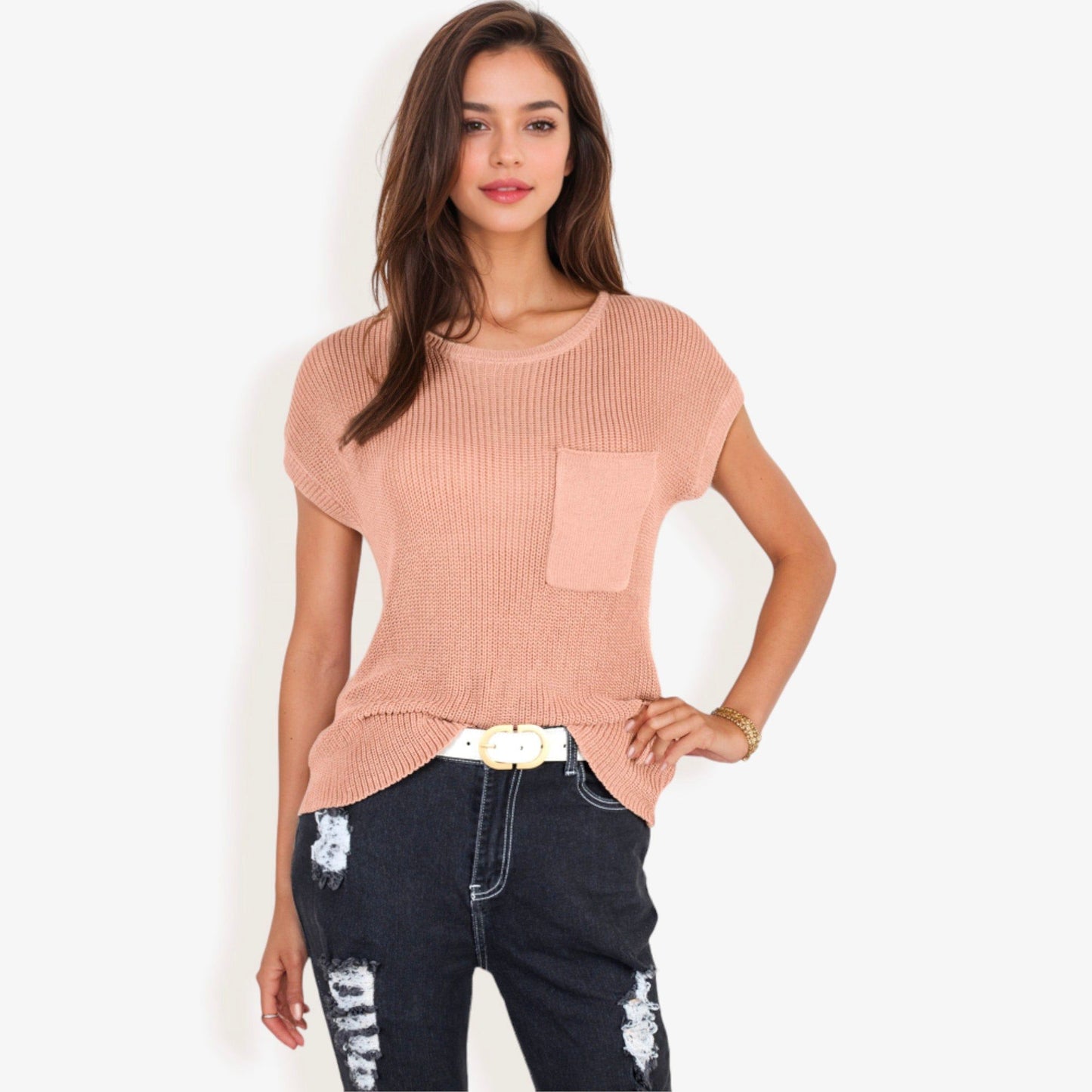 Sleeveless Knit Top with Ribbed Texture Front Patch Pocket