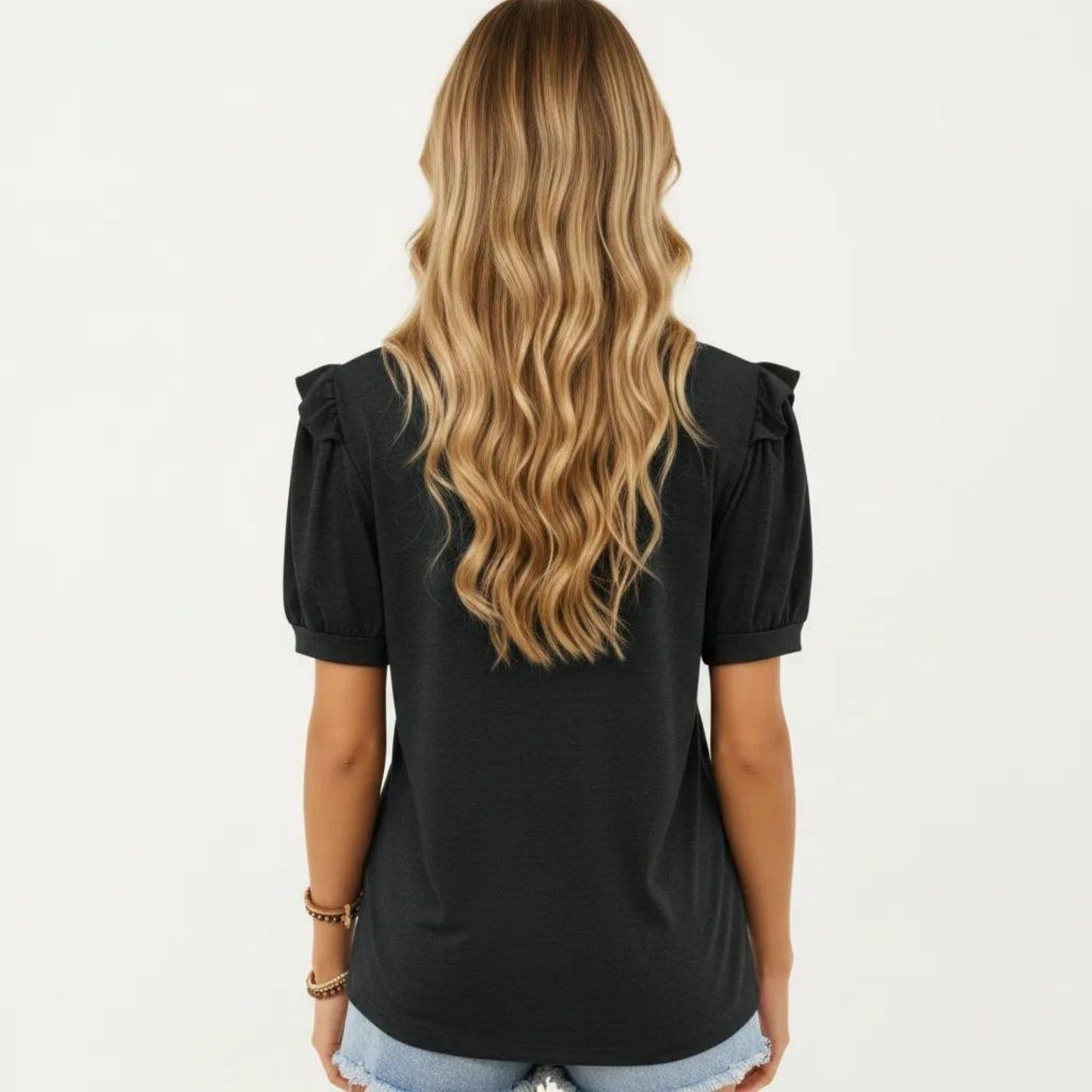 Short Puff Sleeve Top with Scoop Neck Textured Knit Relaxed Fit Casual Shirt