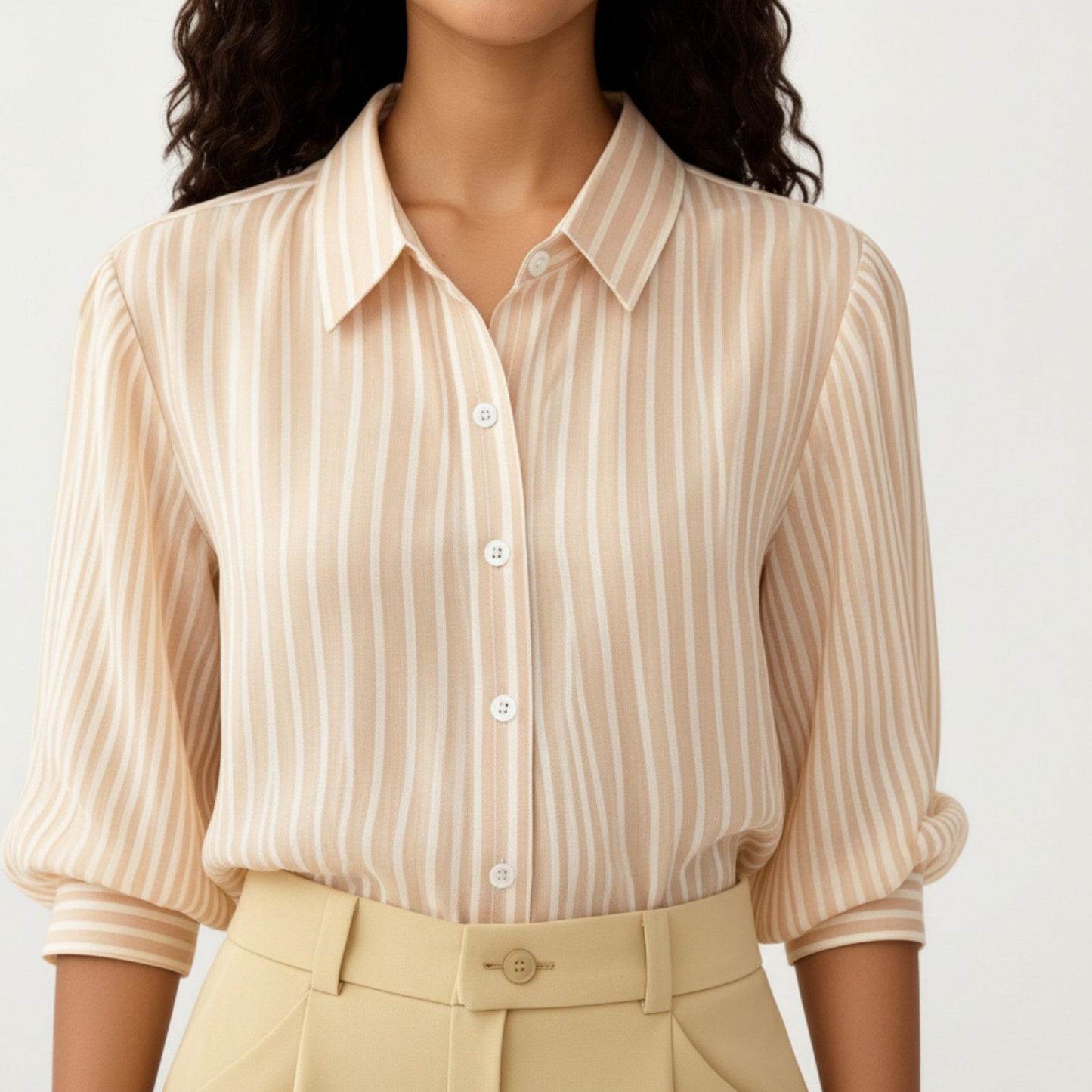 Striped Button Down Blouse with Collared Neckline and Puff Sleeves