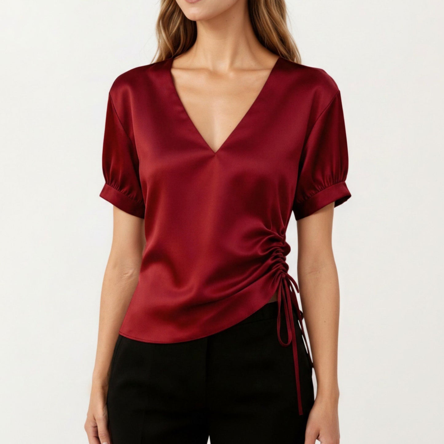 Satin V Neck Blouse with Puff Sleeves and Side Ruched Drawstring