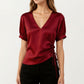 Satin V Neck Blouse with Puff Sleeves and Side Ruched Drawstring