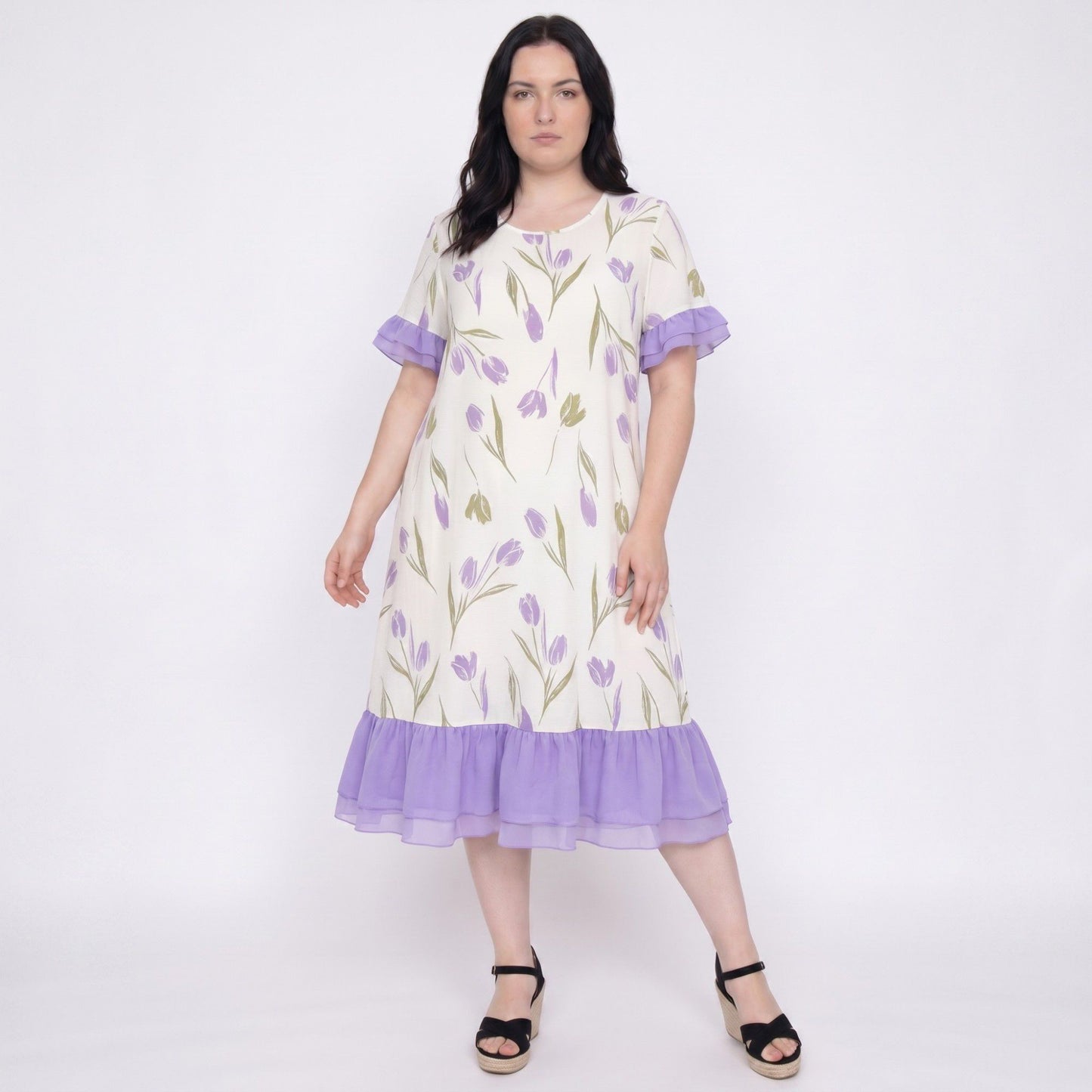Short Sleeve Floral Midi Nightgown Ruffle Trim Relaxed Sleep Dress