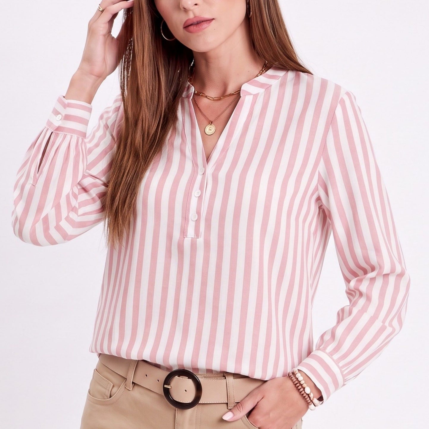Striped Long Sleeve Split Neck Blouse with Button Placket