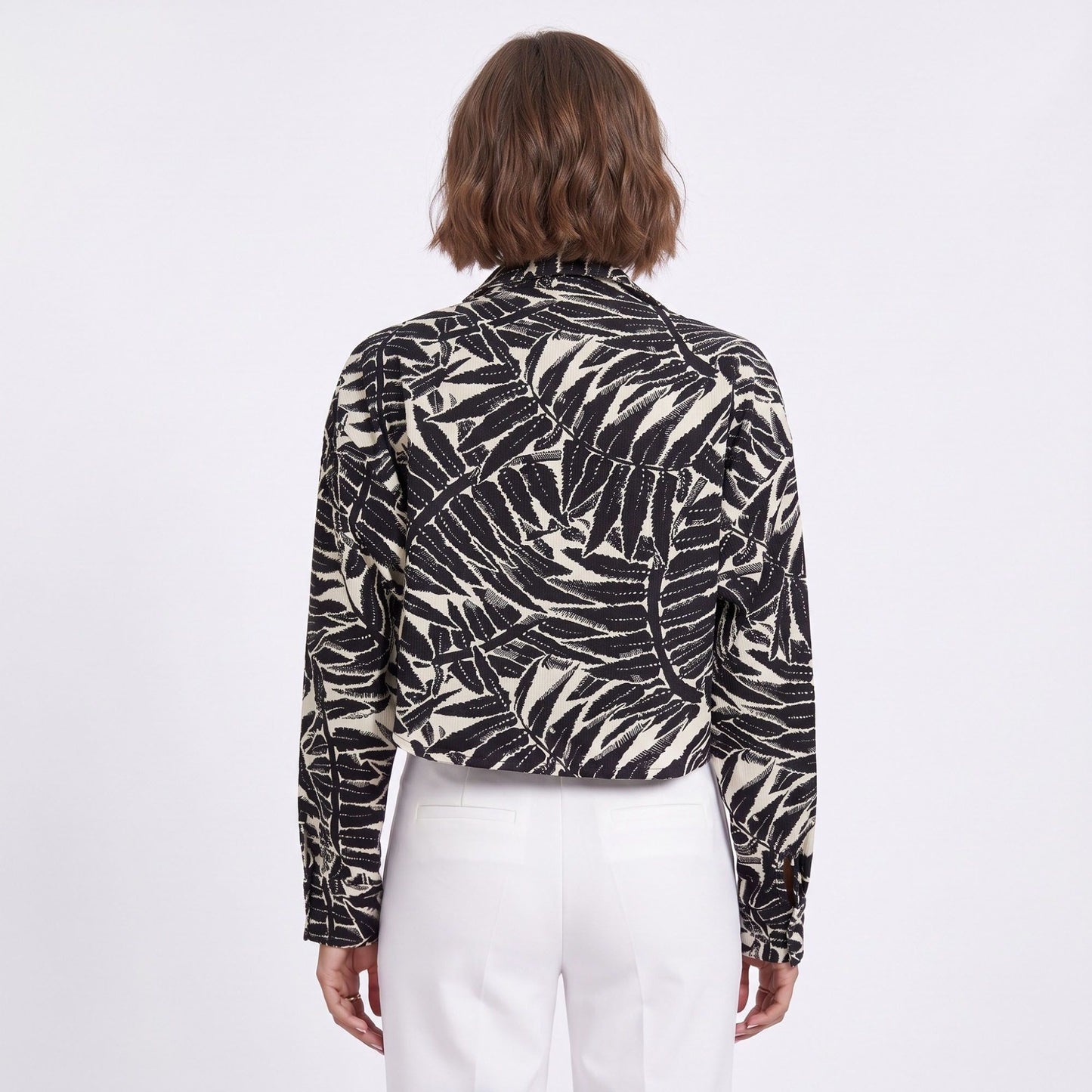 Tropical Leaf Print Cropped Jacket Long Sleeve Open Front Collared Blazer