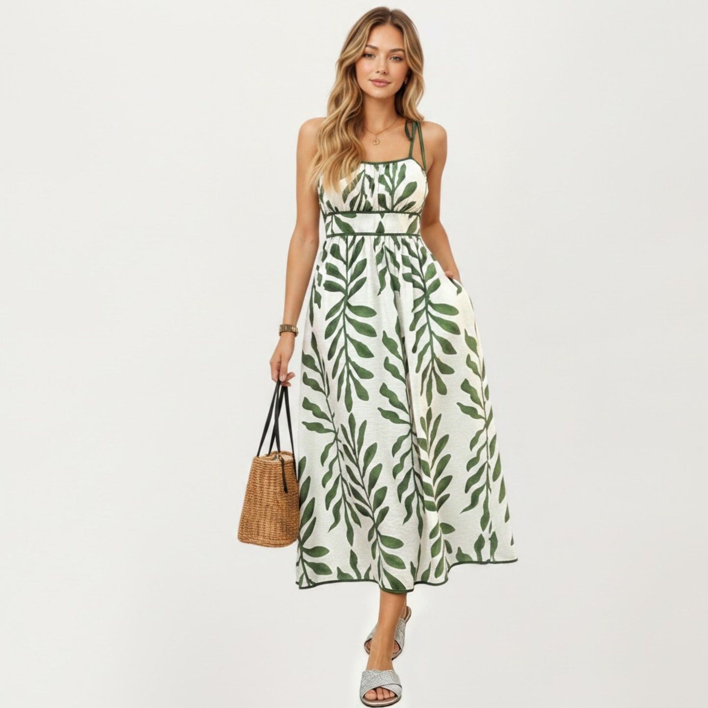 Sleeveless Midi Dress with Leaf Print Tie Shoulder Straps Smocked Back Flowy A-Line Silhouette