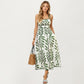 Sleeveless Midi Dress with Leaf Print Tie Shoulder Straps Smocked Back Flowy A-Line Silhouette