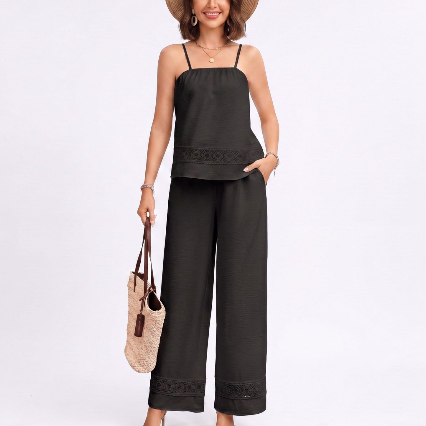 Sleeveless Button Front Jumpsuit with Crochet Lace Back