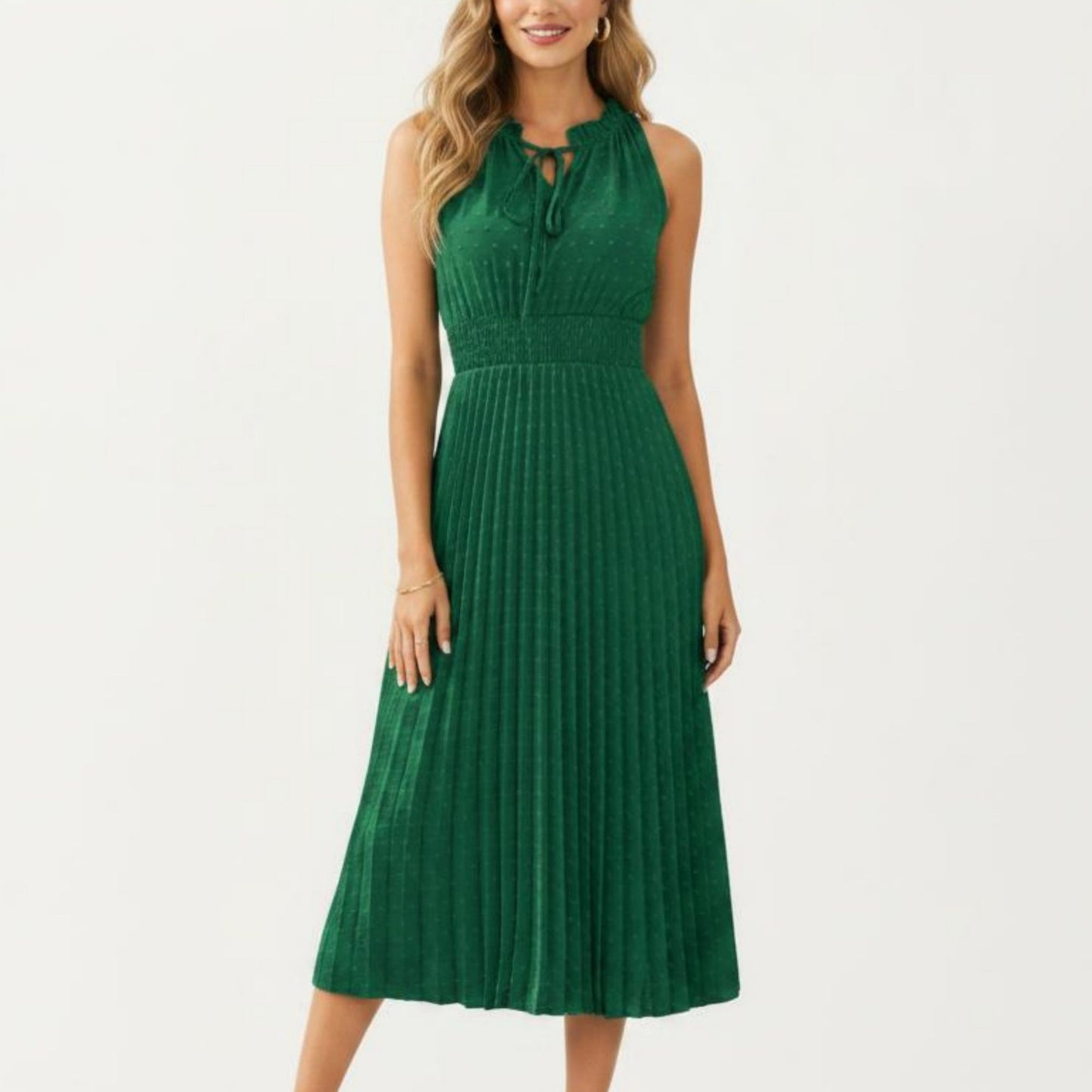 Sleeveless Midi Dress with Pleated Skirt and Tie Neck Detail