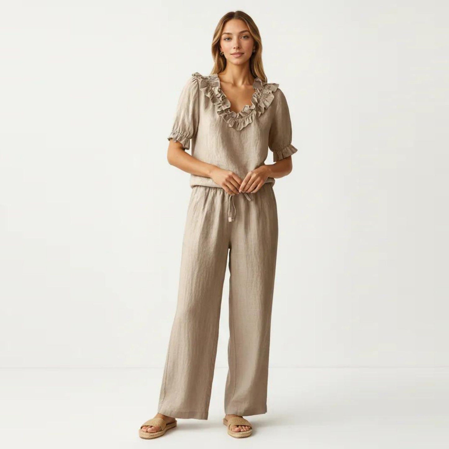 Ruffle Neck Blouse with Short Puff Sleeves and Textured Linen-Like Fabric