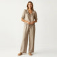 Ruffle Neck Blouse with Short Puff Sleeves and Textured Linen-Like Fabric