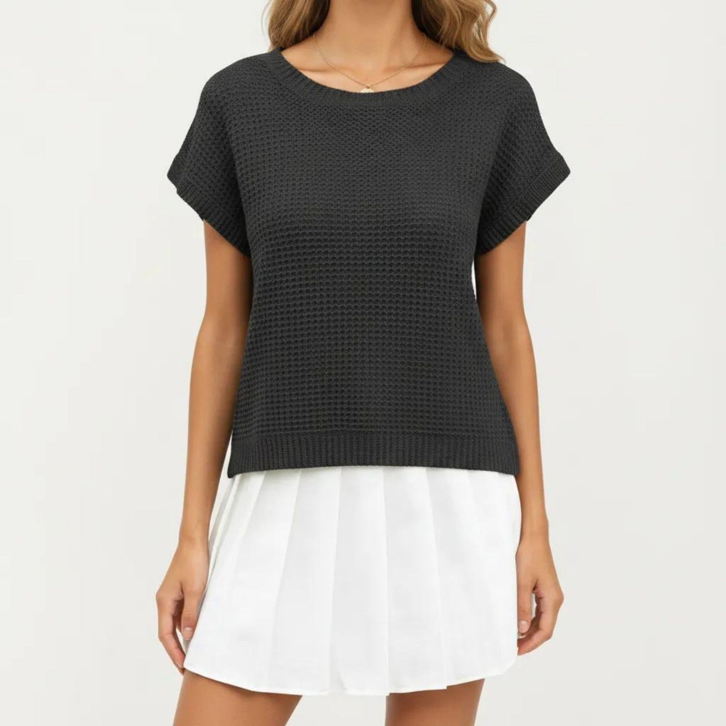 Short Sleeve Textured Knit Top with Crew Neck Ribbed Trim and Relaxed Fit