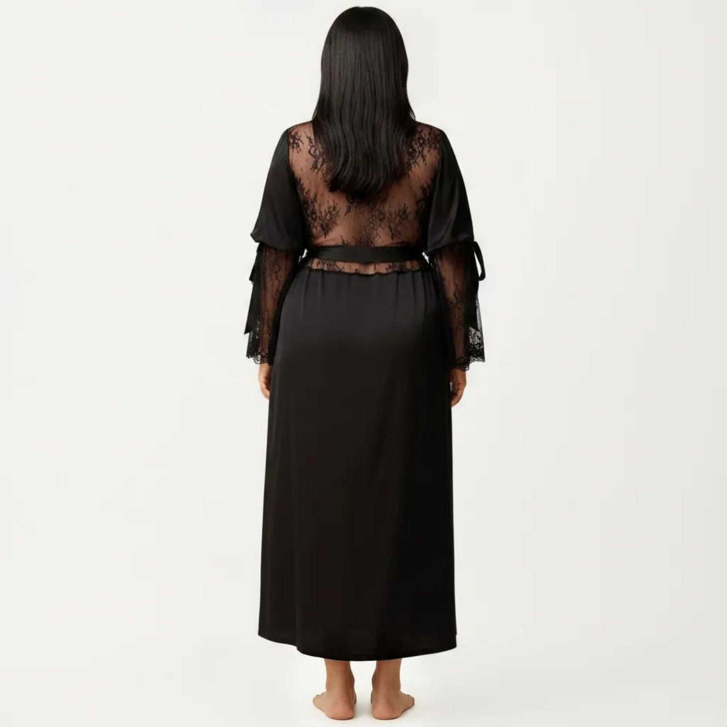 Plus Size Long Satin Robe Lace Sleeve Wrap Nightgown Belted Kimono Sleepwear