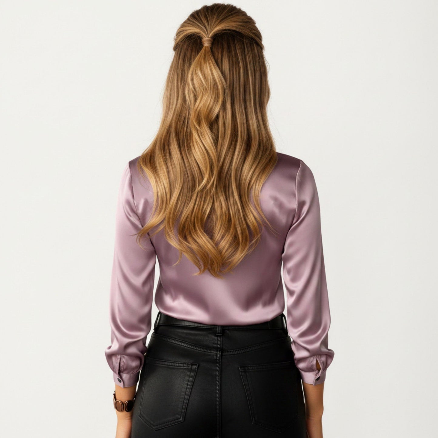 Satin Button Down Blouse with Collared Neckline and Three Quarter Sleeves