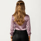 Satin Button Down Blouse with Collared Neckline and Three Quarter Sleeves
