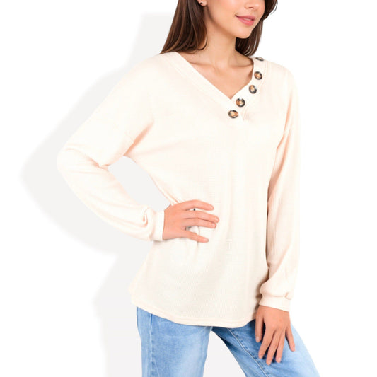 Waffle Knit Button-Accent Long Sleeve Top with V-Neck