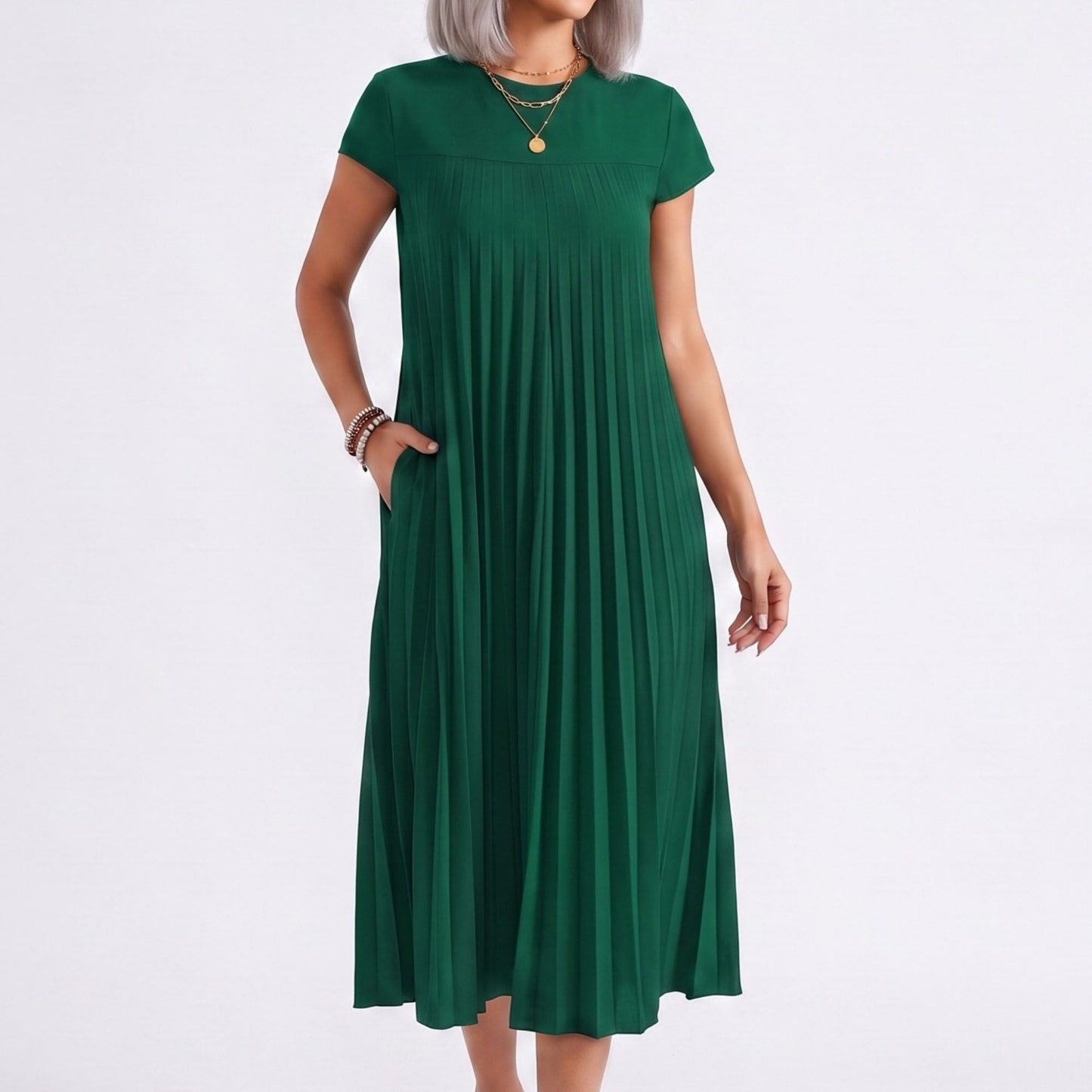 Crew Neck Short Sleeve Accordion Pleated Midi Dress