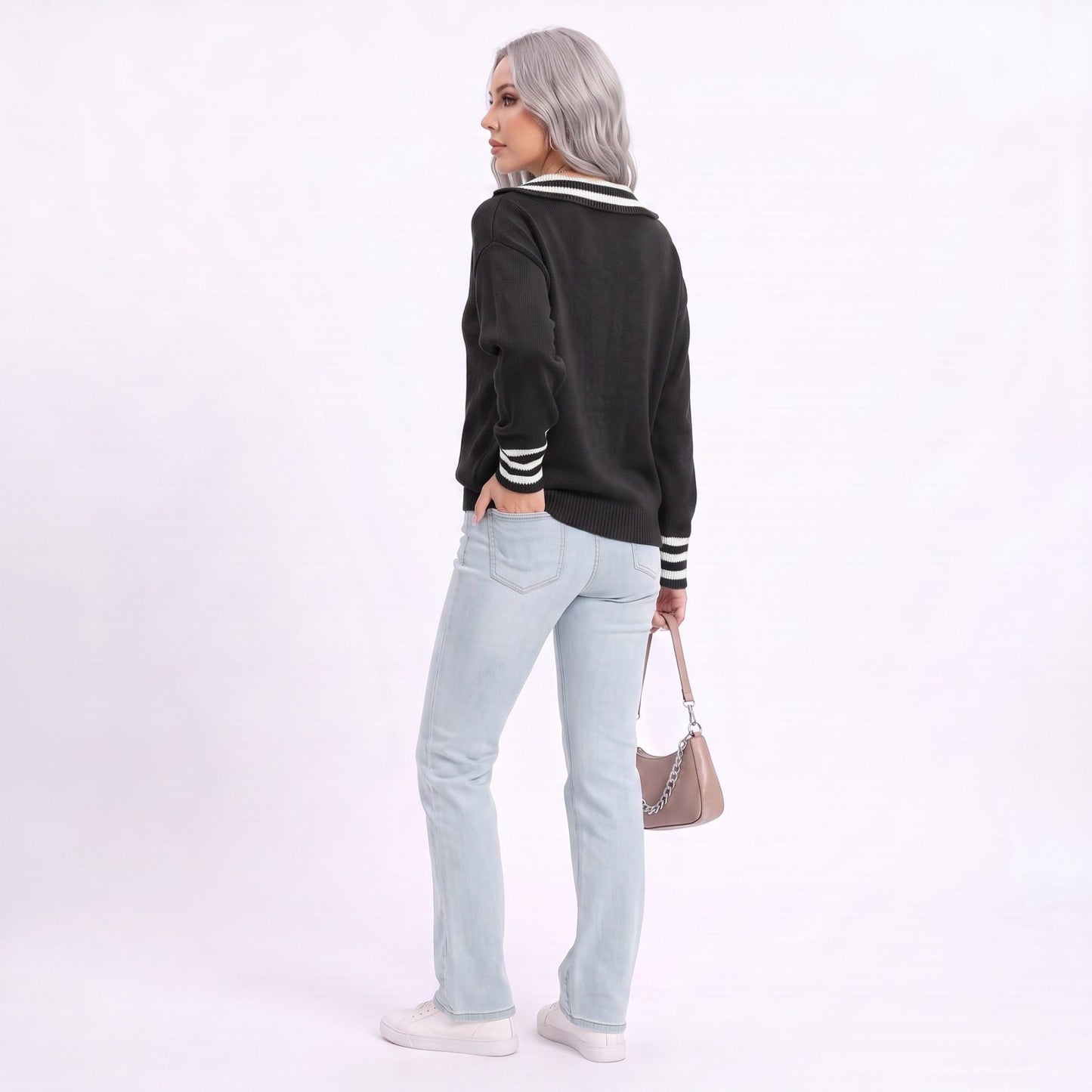 Long Sleeve Collared V Neck Knit Pullover Sweater