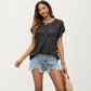 Short Sleeve Knit Top with Floral Eyelet Pattern and Ribbed Crew Neck