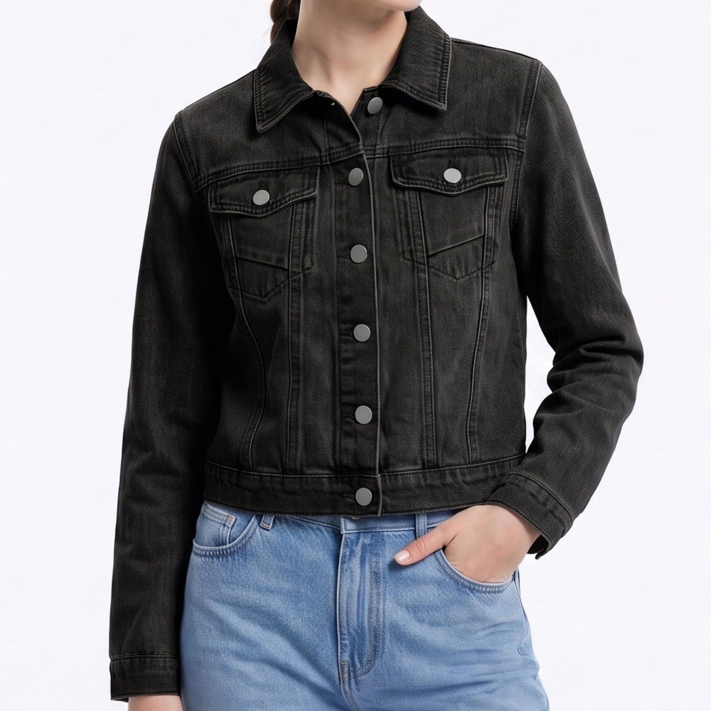 Classic Denim Jacket Long Sleeve Button Front Trucker Jacket with Chest Pockets