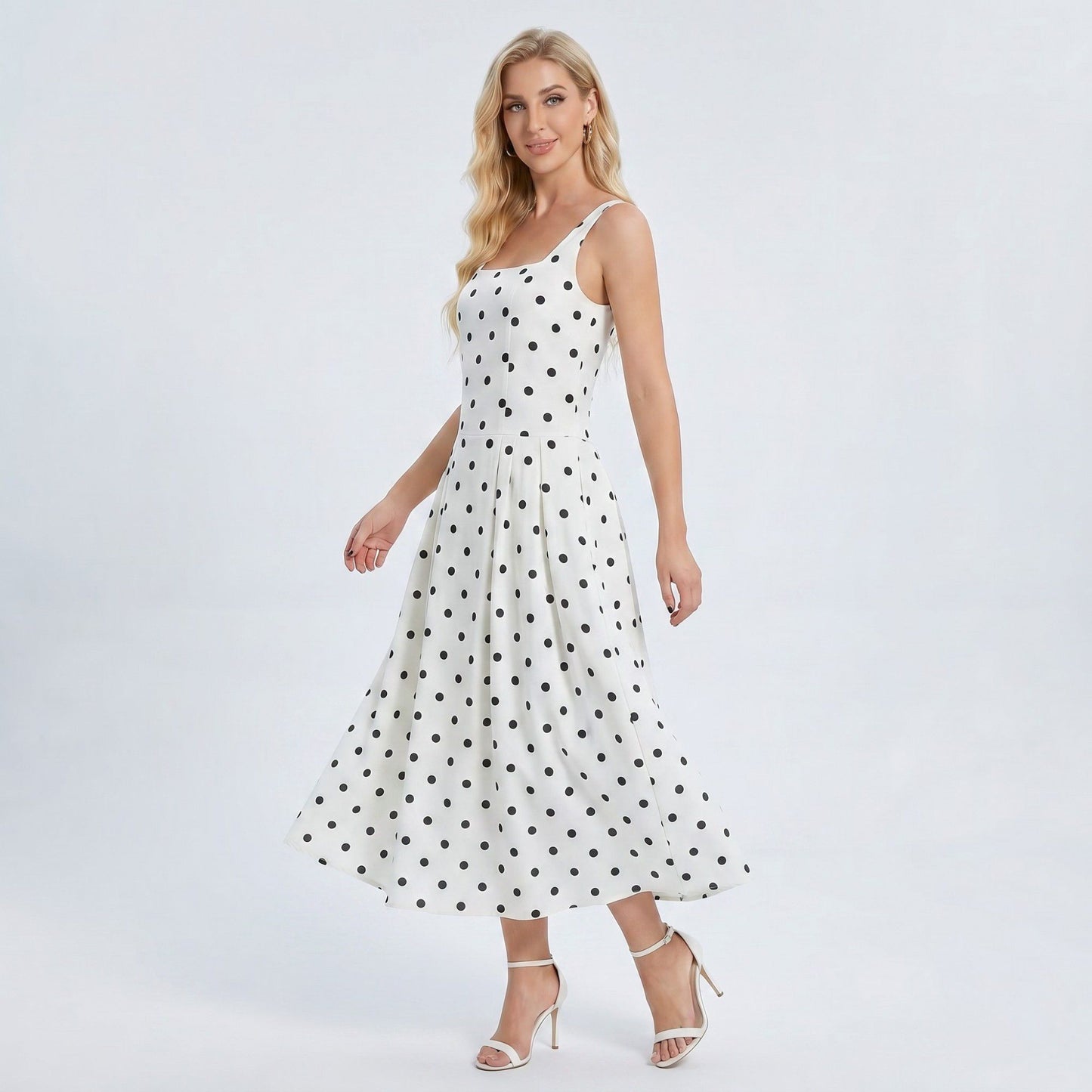 Polka Dot Square Neck Fit and Flare Midi Dress