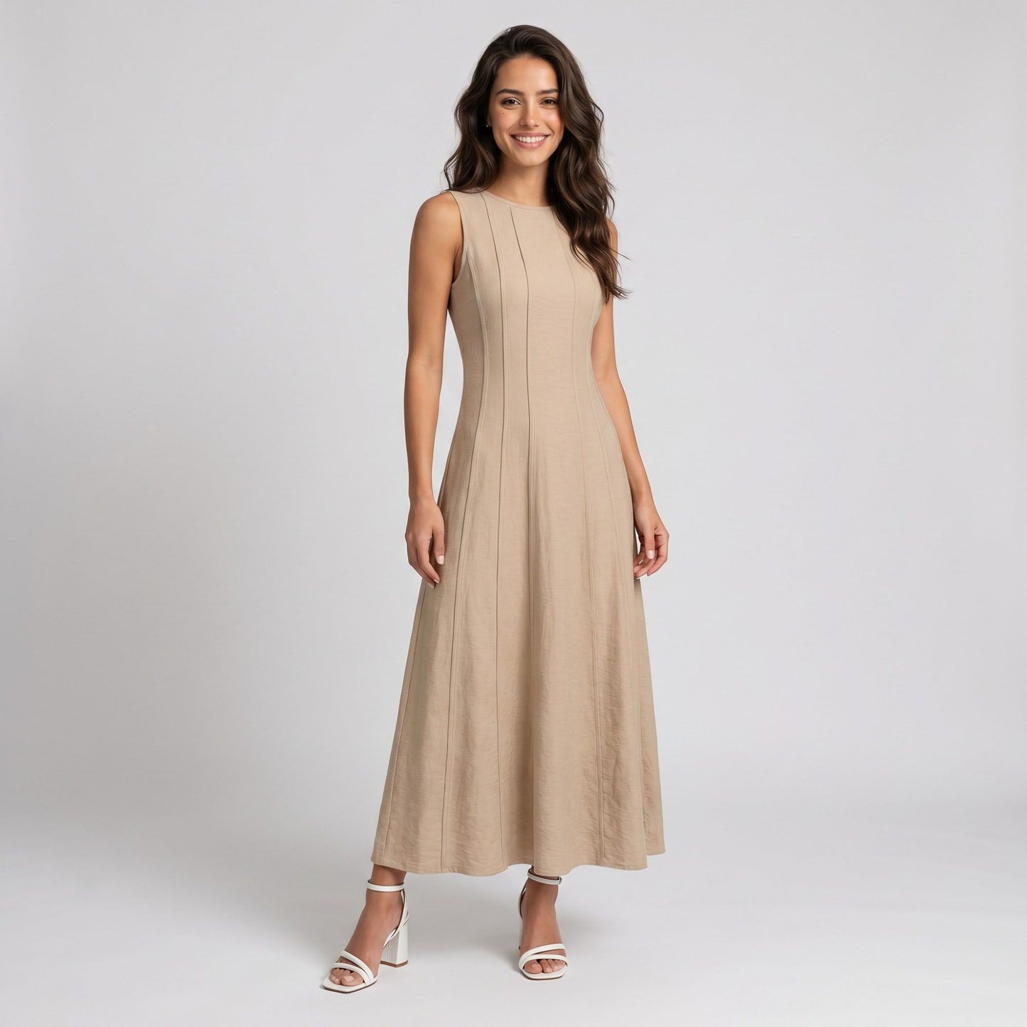 Sleeveless Round Neck Panel Seam Maxi Dress with Fitted Bodice Flowy A-Line Skirt and Soft Woven Drape
