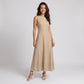 Sleeveless Round Neck Panel Seam Maxi Dress with Fitted Bodice Flowy A-Line Skirt and Soft Woven Drape