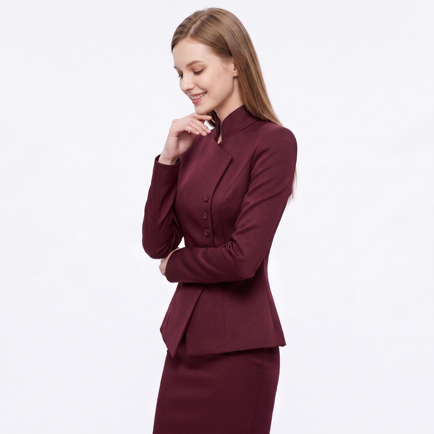 Asymmetric Button Front Blazer with Stand Collar and Peplum Hem