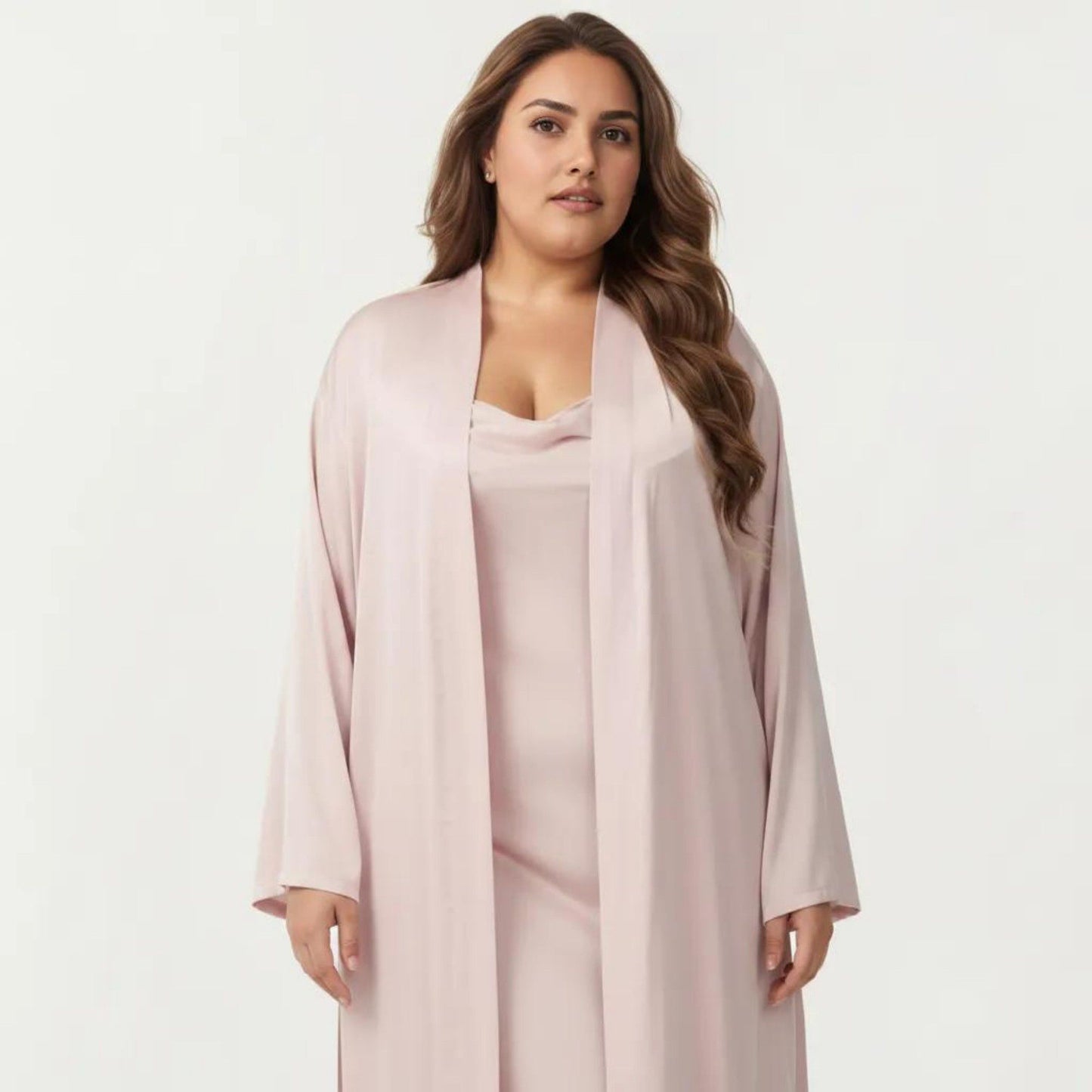 Plus Size 2-Piece Satin Nightgown Set with Long Sleeve Open Front Robe Sleeveless Slip Dress Sleepwear