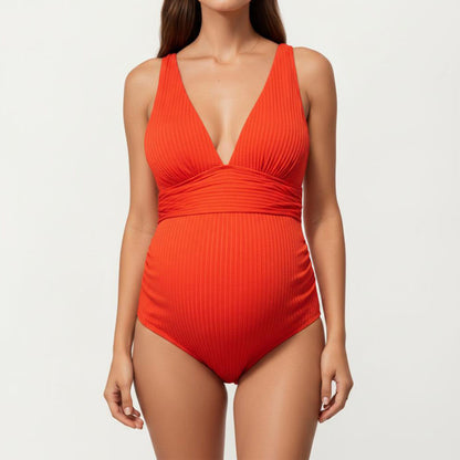Maternity Ribbed One-Piece Swimsuit with Plunging Neckline and Ruched Waist