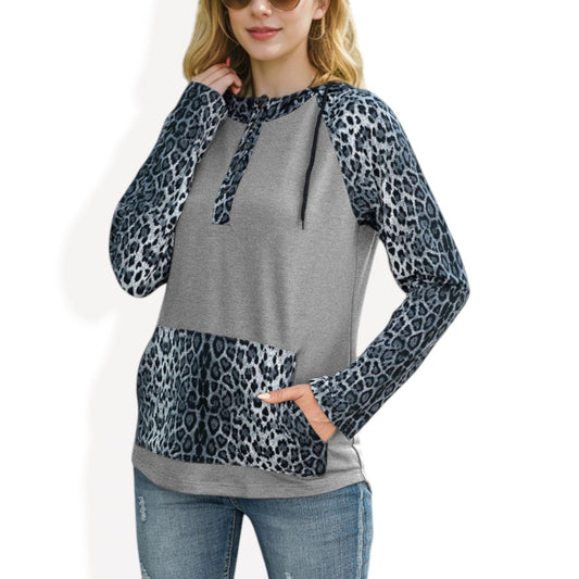 Leopard Contrast Long Sleeve Hoodie with Kangaroo Pocket