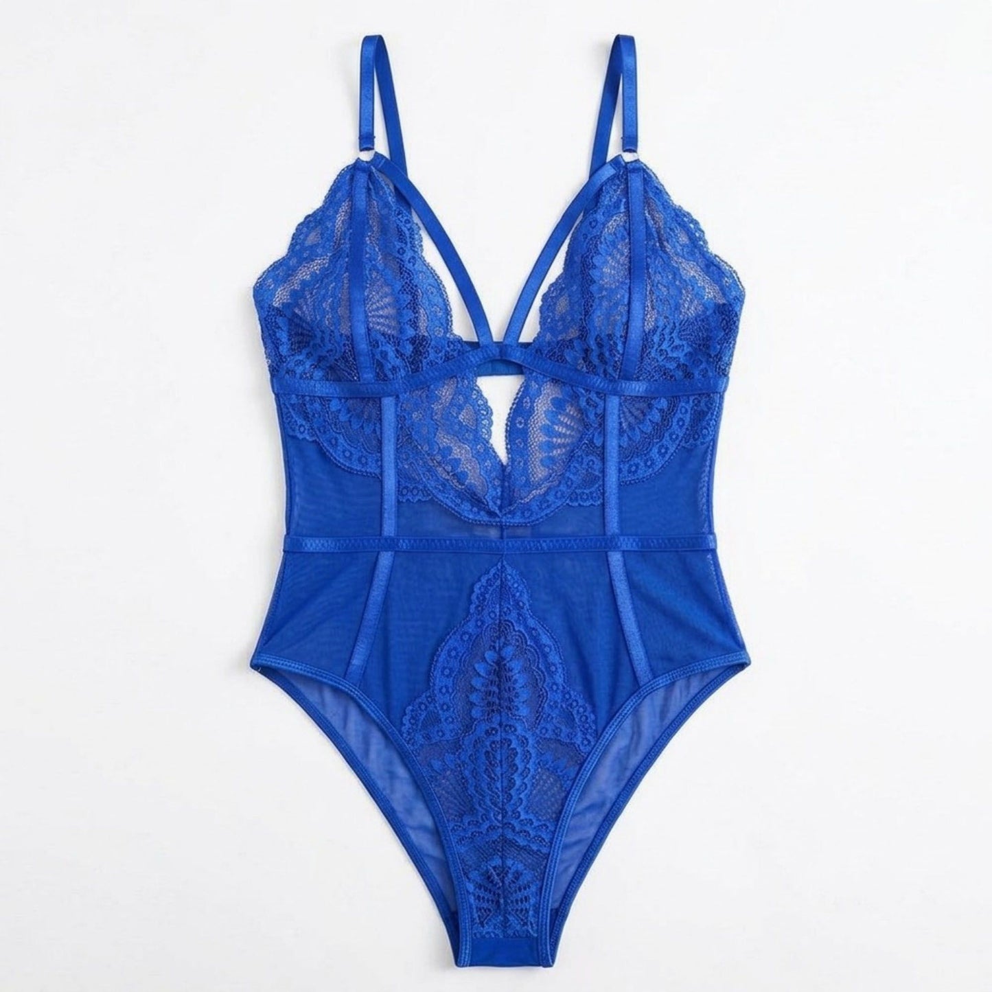 Floral Lace Mesh Bodysuit with Plunging Neckline and Open Back