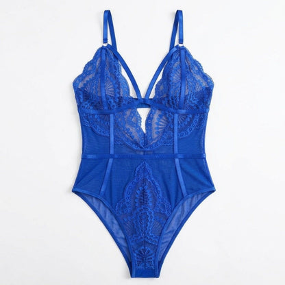 Floral Lace Mesh Bodysuit with Plunging Neckline and Open Back