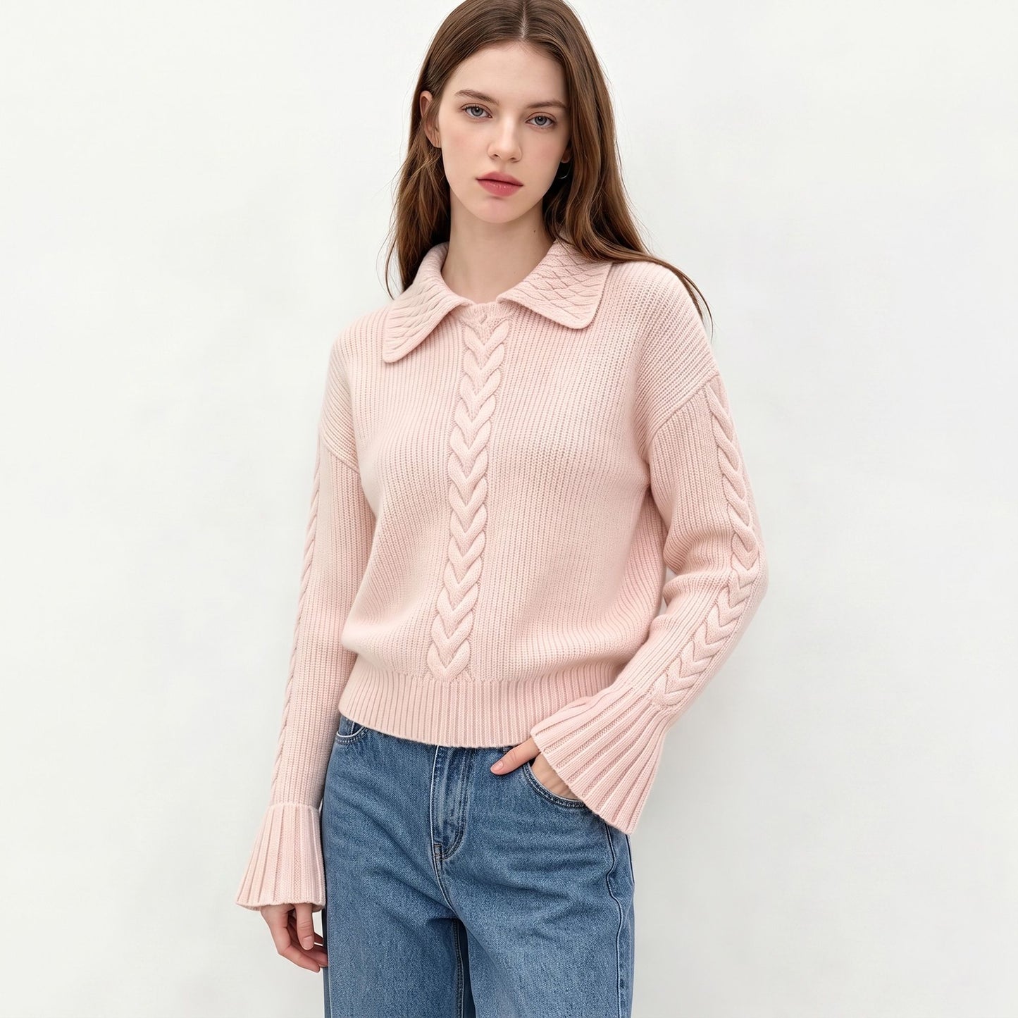 Cable Knit Collared Sweater with Flared Cuffs
