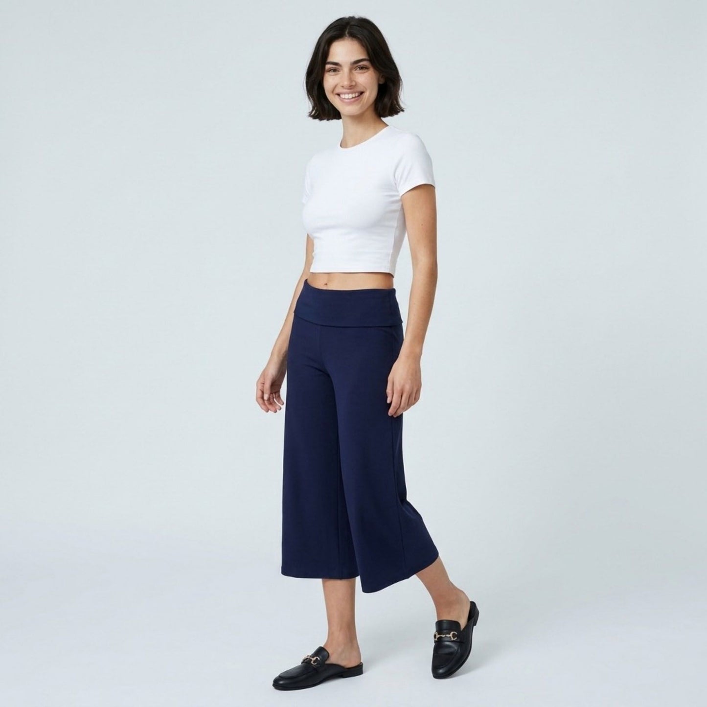 Foldover Waistband Cropped Wide-Leg Trousers