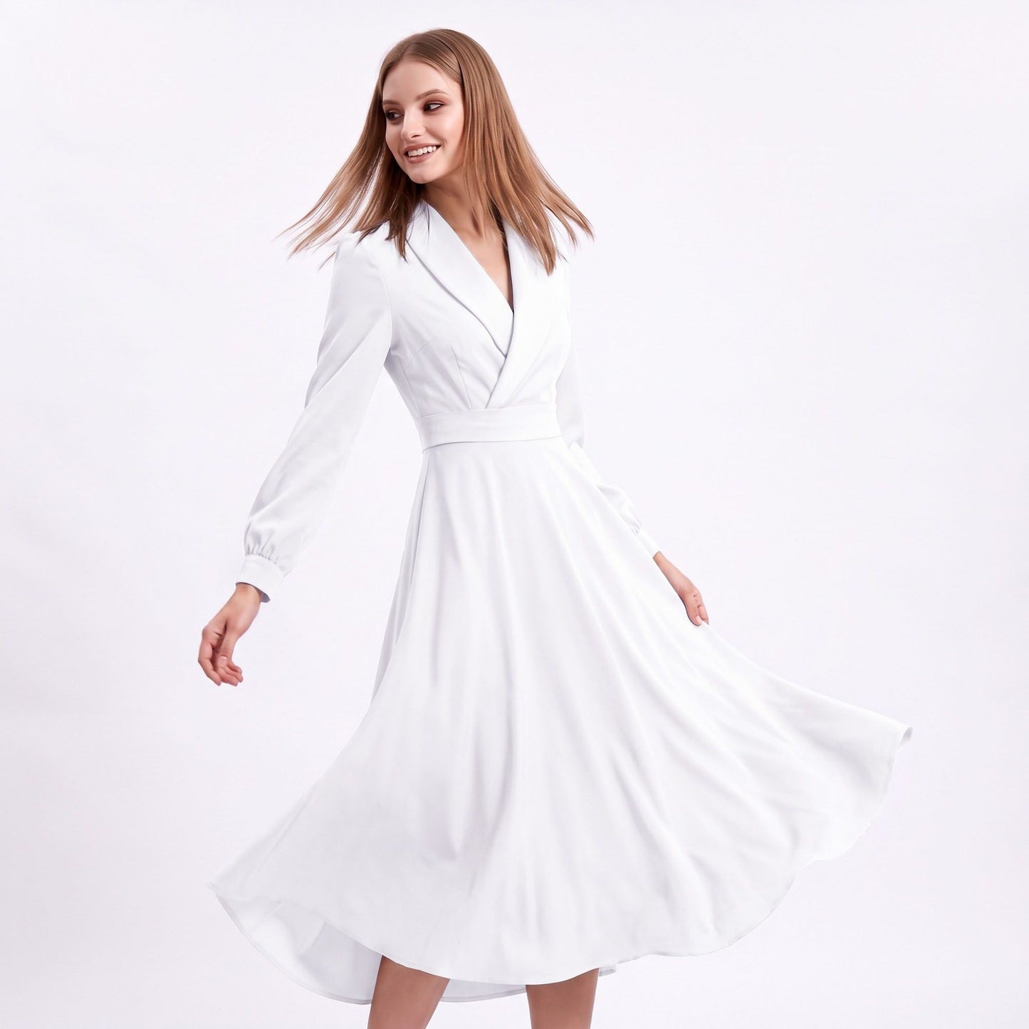 Long Sleeve Notched Collar Midi Dress with Defined Waist and Flared Skirt