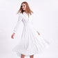 Long Sleeve Notched Collar Midi Dress with Defined Waist and Flared Skirt