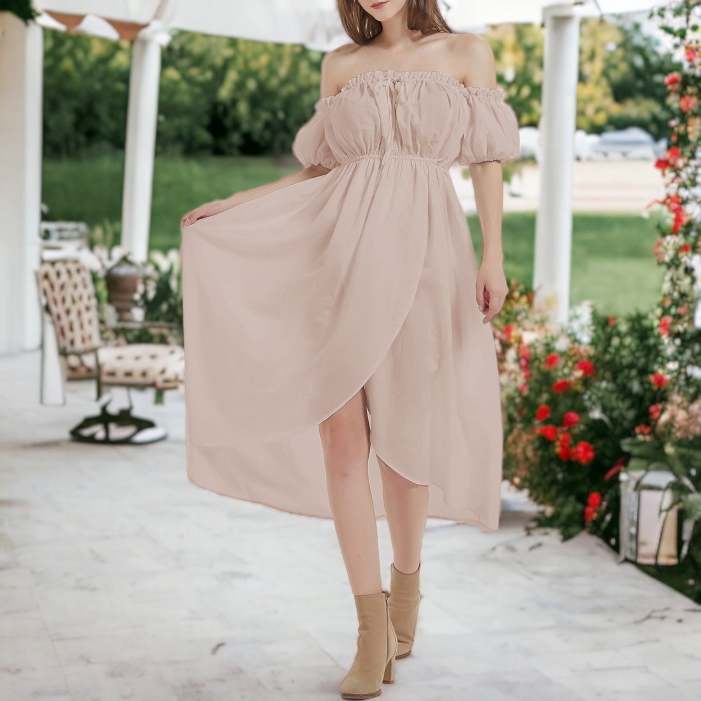 Casual Boho Lantern Sleeve Off Shoulder Fairy Midi Dress