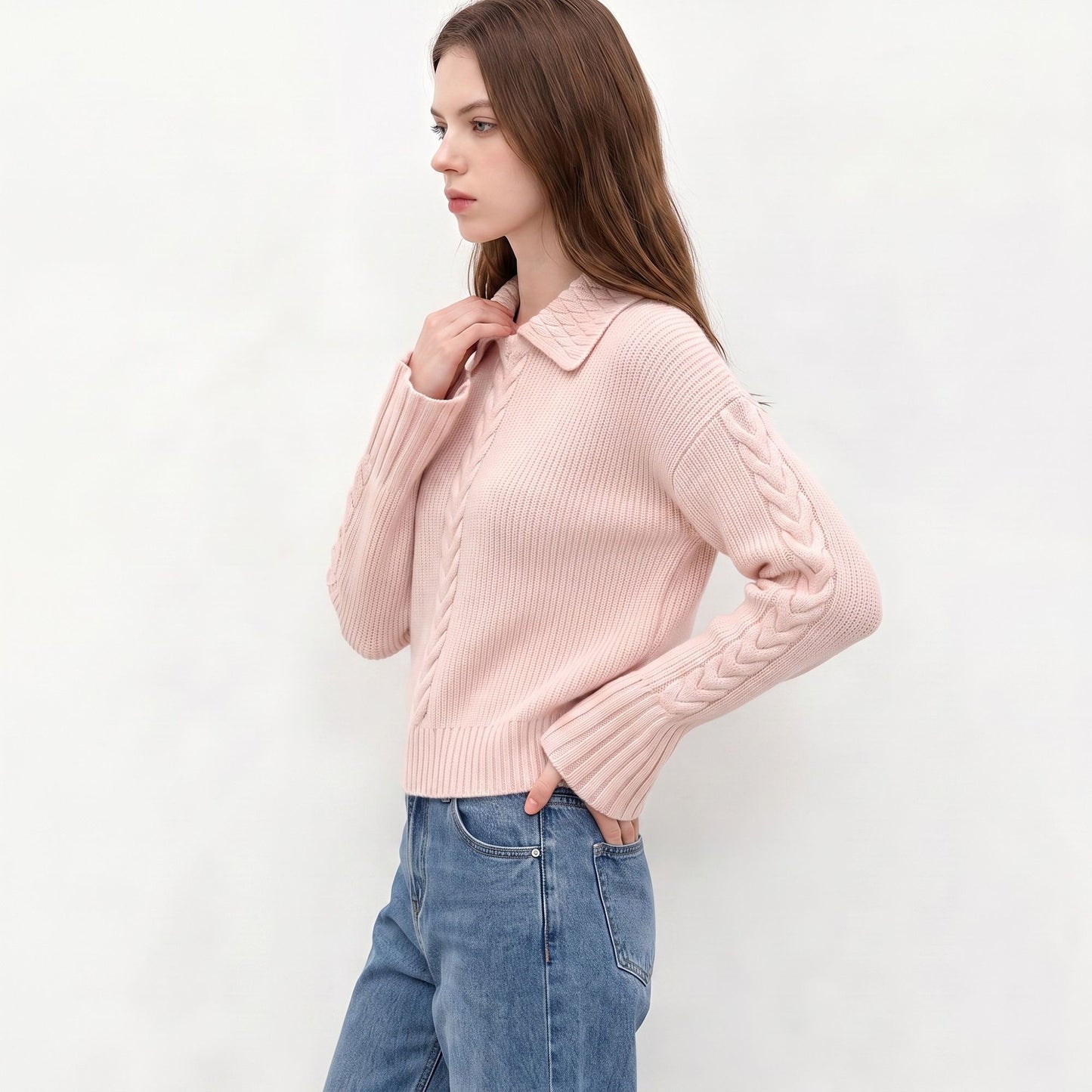Cable Knit Collared Sweater with Flared Cuffs