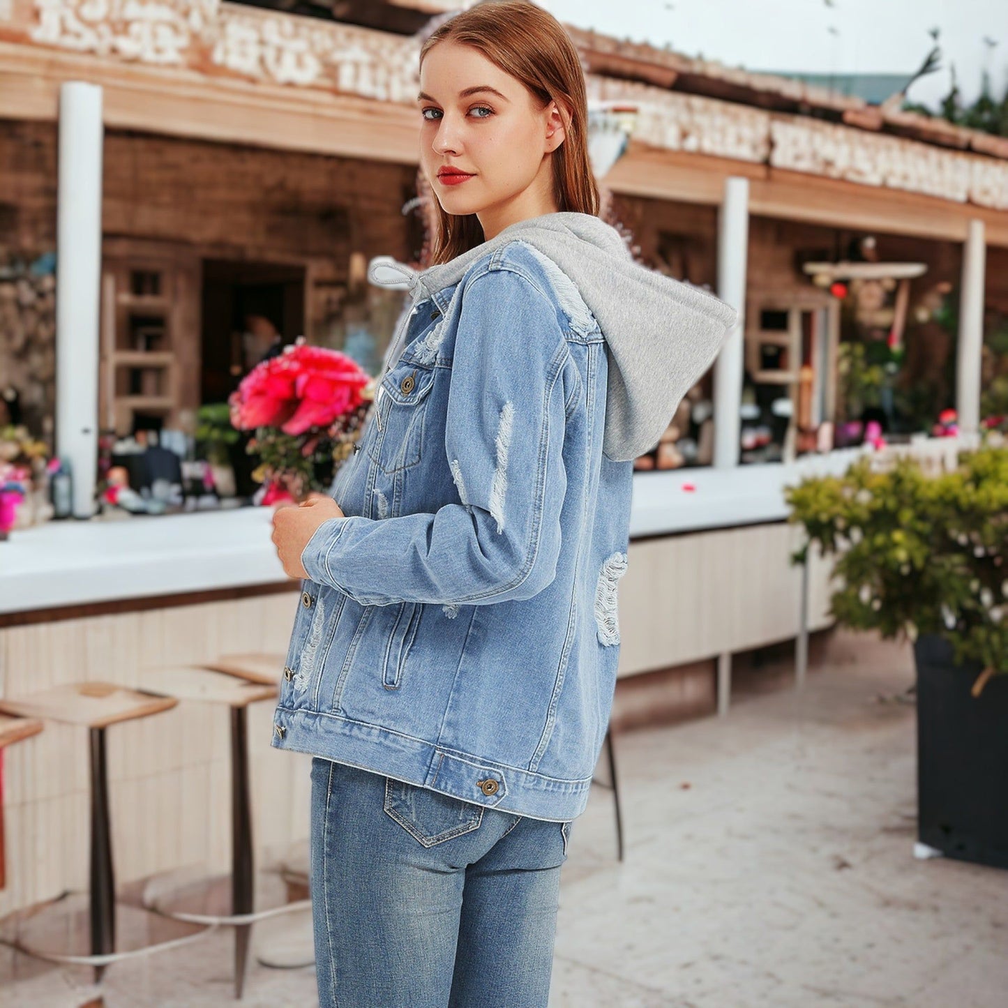 Detachable Hoodie Denim Distressed Jean Jacket