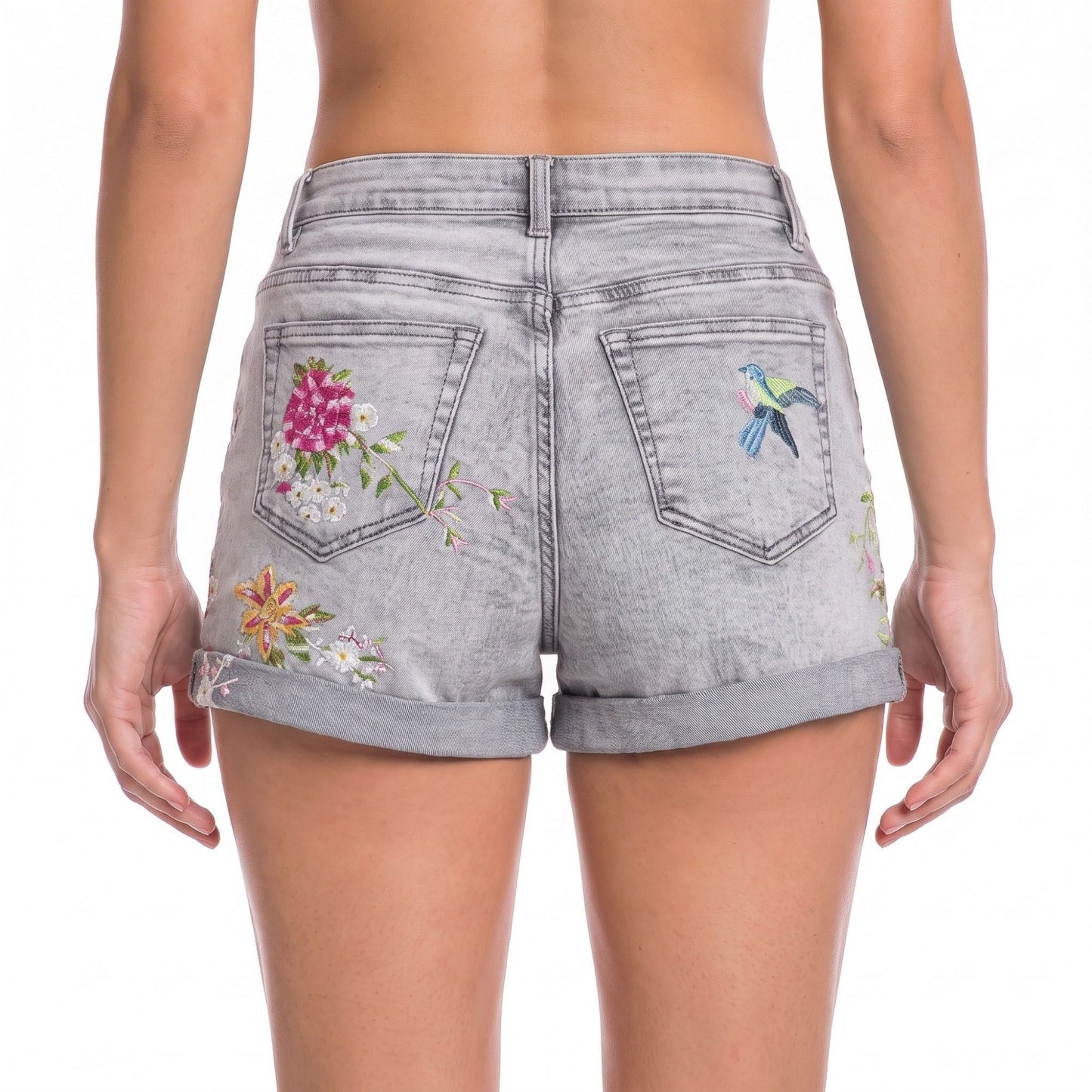Floral Embroidered High Rise Denim Shorts Rolled Cuff Casual Jean Shorts