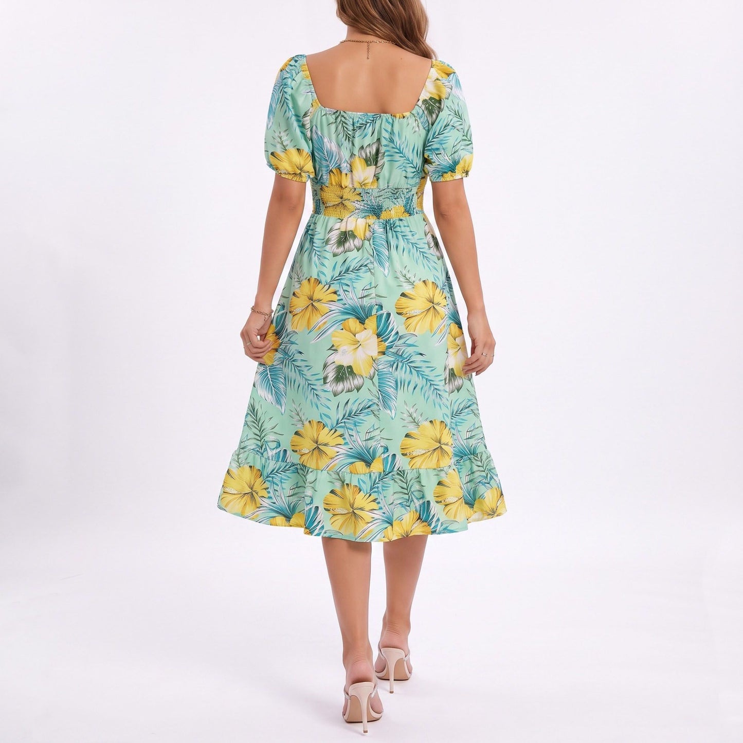 Tropical Floral Square Neck Smocked Waist Midi Dress