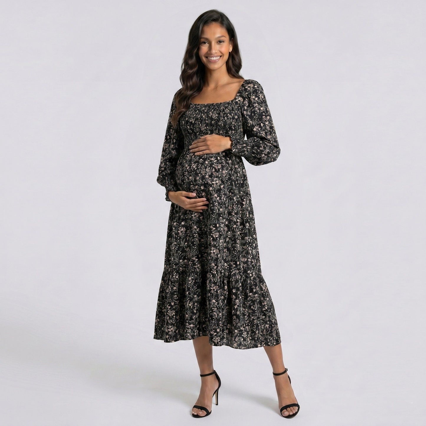 Maternity Floral Square Neck Midi Dress with Long Sleeves and Smocked Bodice