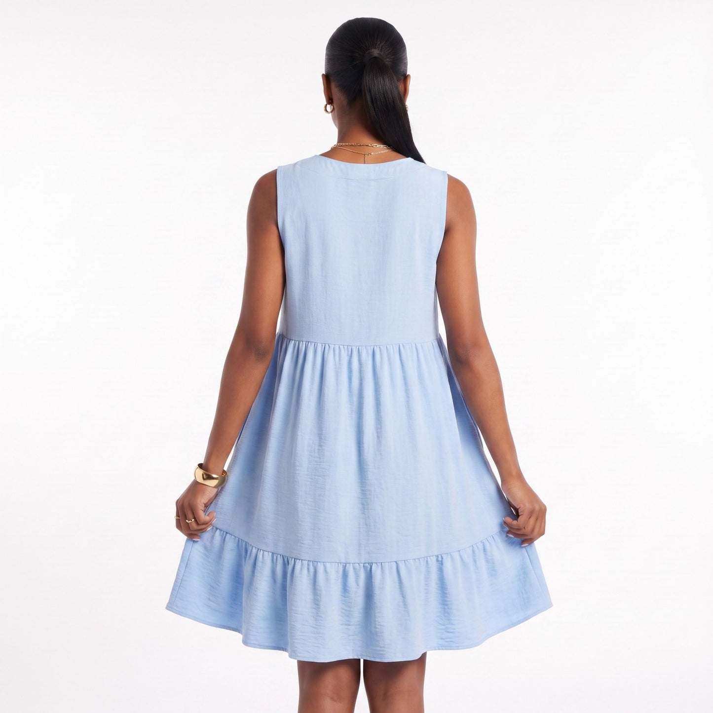 Sleeveless V-Neck Babydoll Ruffle Hem Dress with Pockets