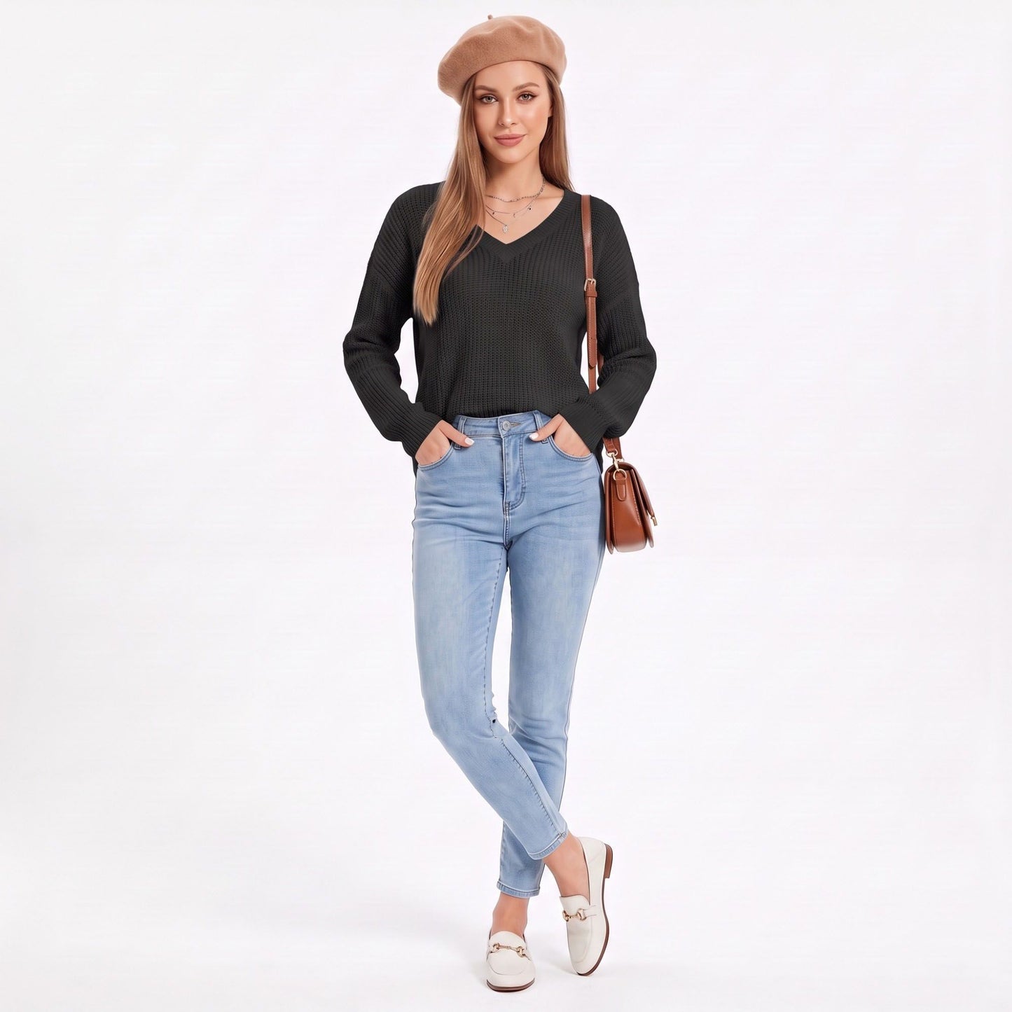 V Neck Textured Knit Pullover Sweater with Long Sleeves
