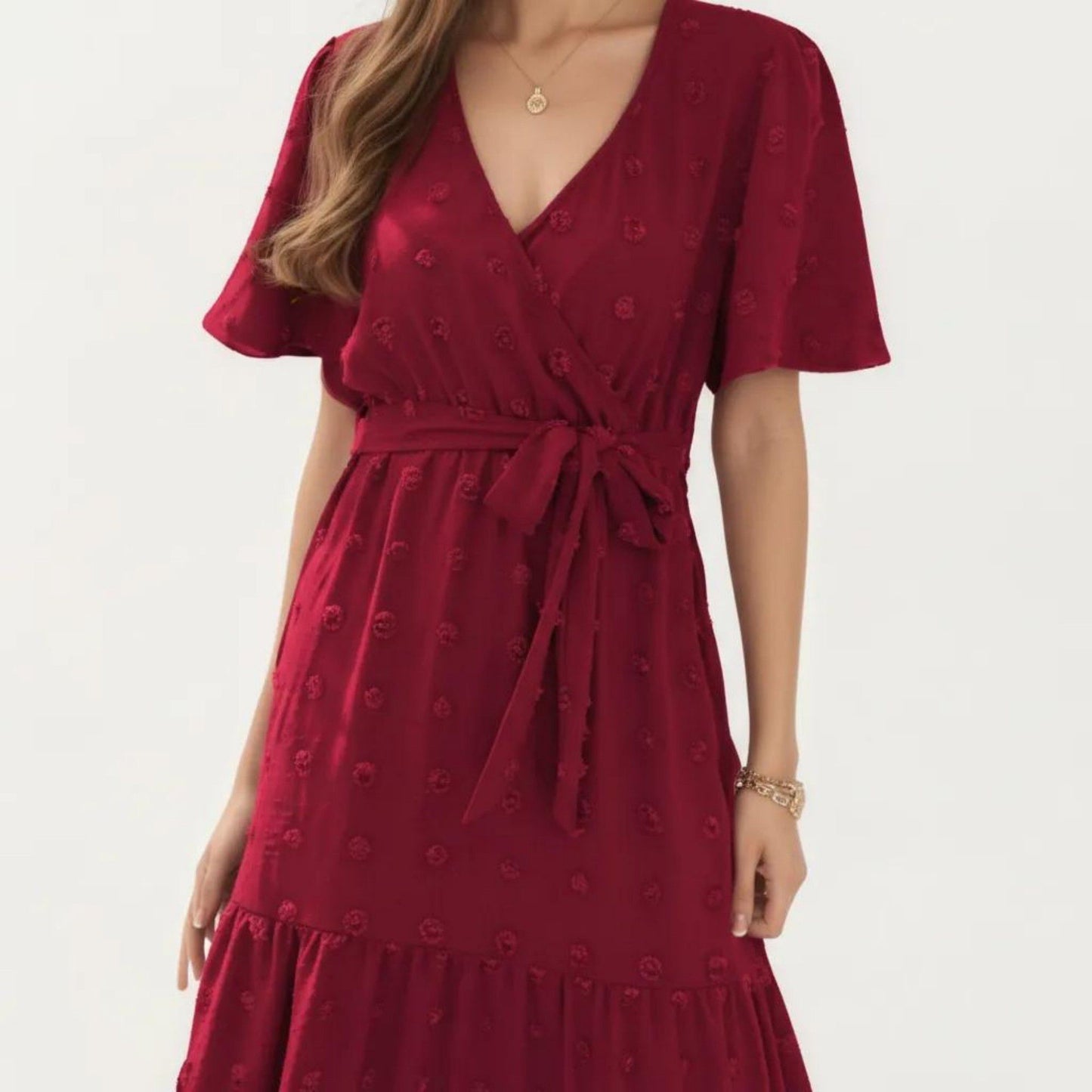 Short Sleeve Maxi Dress with Wrap Front Waist Tie and Tiered Skirt
