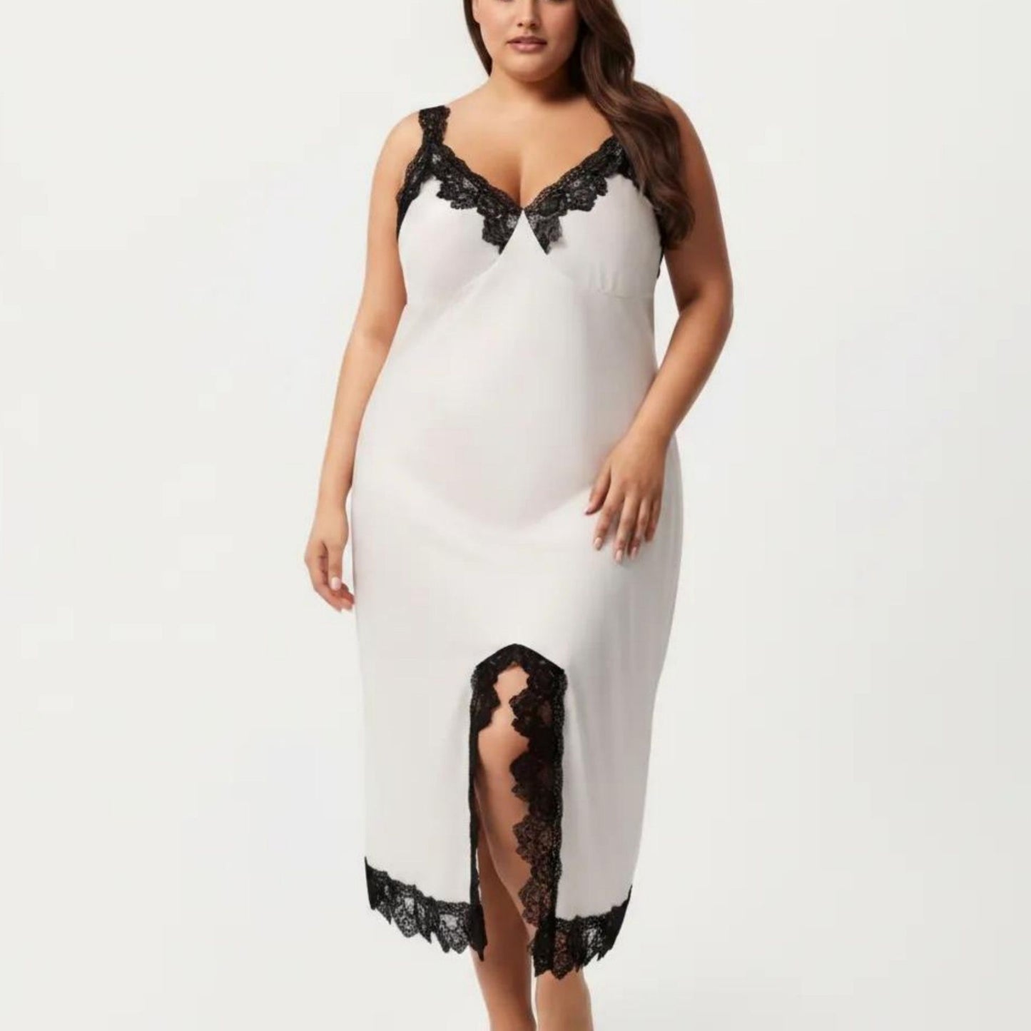 Plus Size Long Satin Chemise Lace Trim Split Hem Nightgown Adjustable Strap Slip Dress