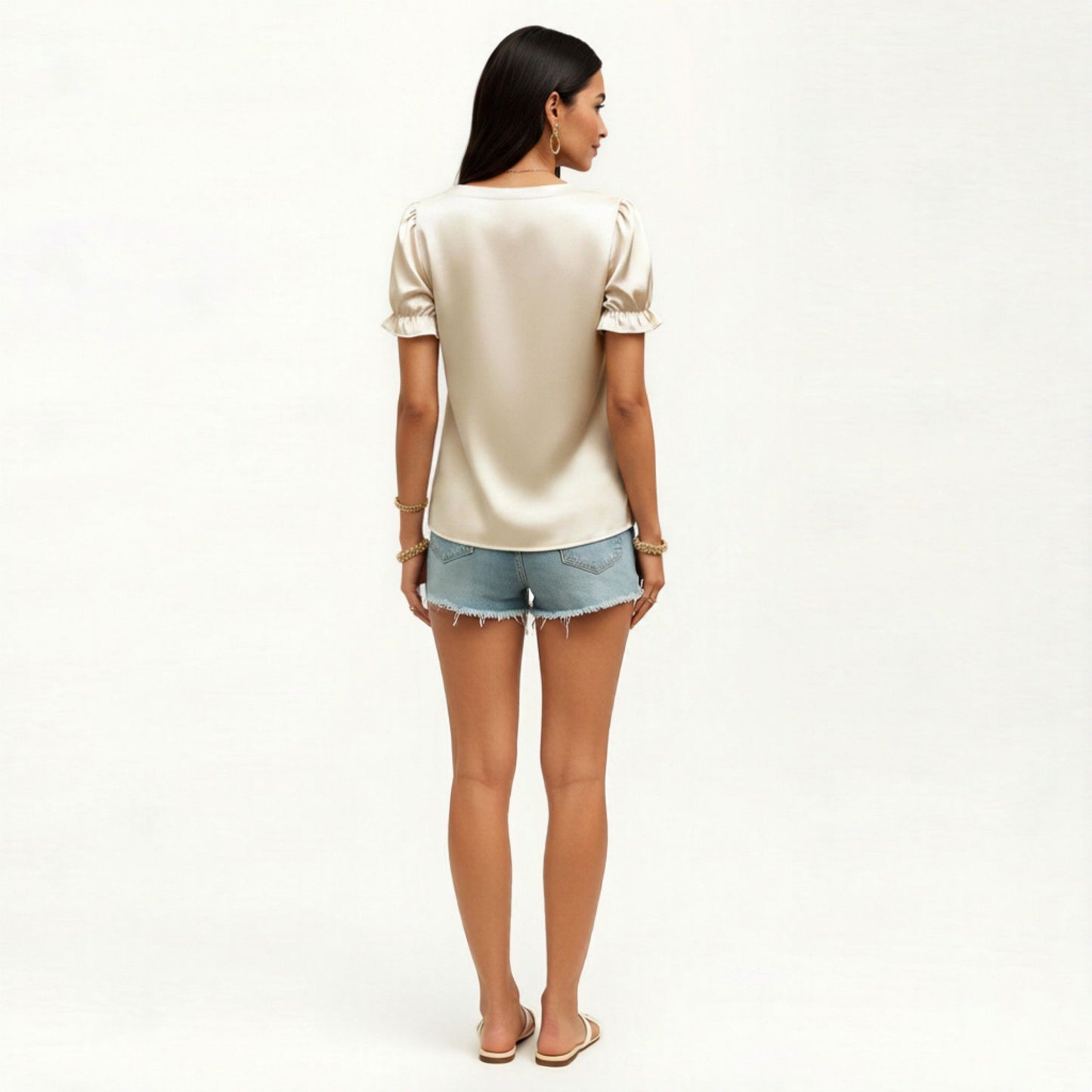 Satin Faux Pearl Neck Top with Puff Sleeves and Smooth Draped Finish