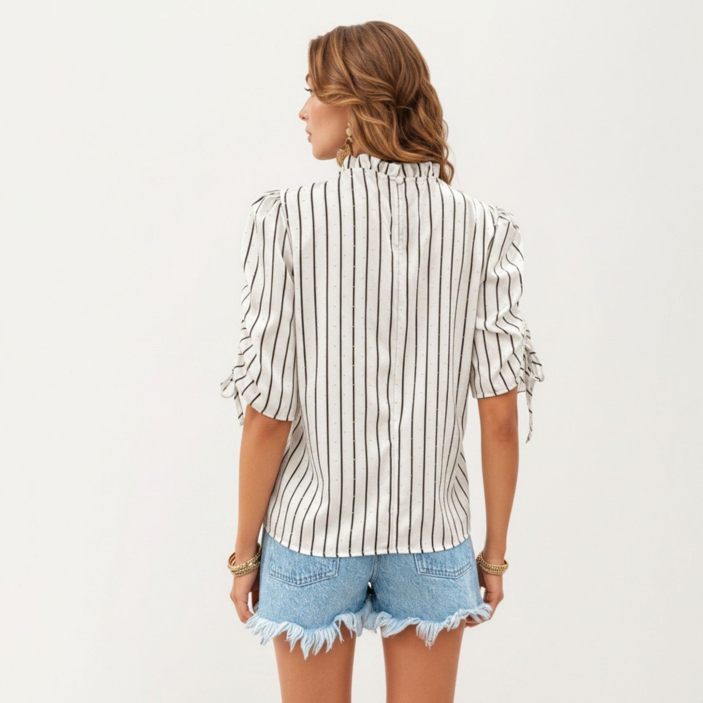 Striped Short Sleeve Blouse with Ruffle Trim High Neck and Ruched Tie Sleeves