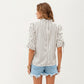 Striped Short Sleeve Blouse with Ruffle Trim High Neck and Ruched Tie Sleeves