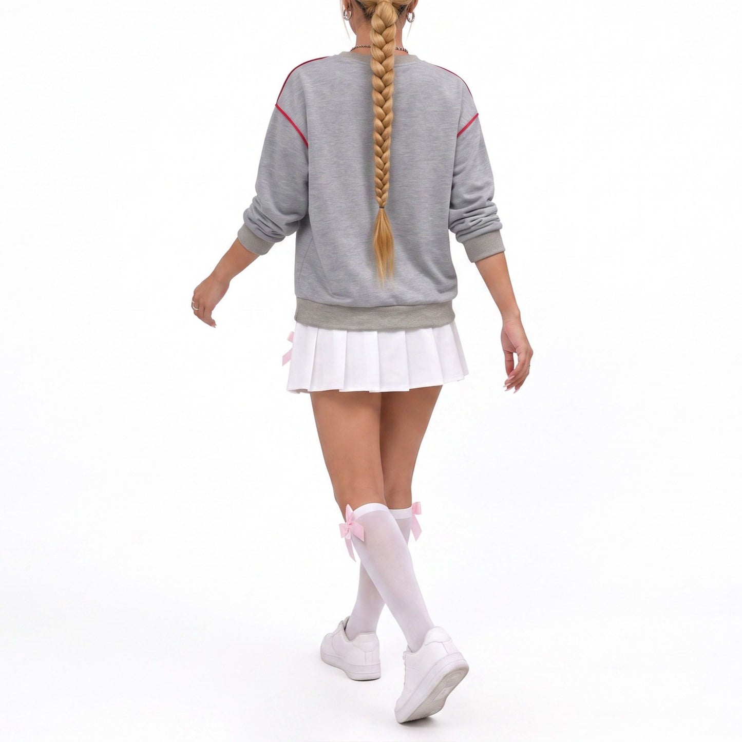 Heart Patch Crew Neck Contrast Trim Relaxed Sweatshirt